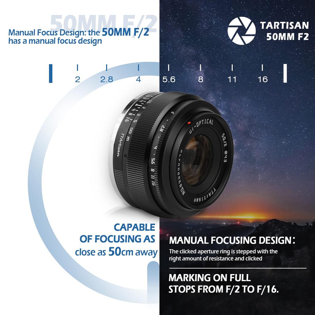 TTartisan 50mm F2 Full Size Manual Focus Lens Compatible with Nikon Z Mount Cameras Z5 Z6 Z7 Z6II Z7II Z50 ZFC Z30 Year Warranty Etc. [2 Included]