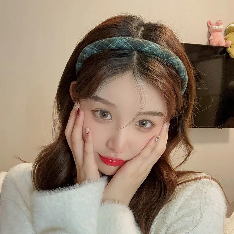 Французская ретро повязка на голову из губки женская в студенческом стиле клетчатая повязка для волос элегантный темперамент обруч для волос аксессуары для волос для девочек