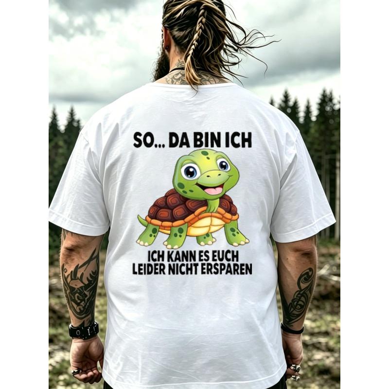 Men'S German Text & Turtle Cartoon T-Shirt - Casual Round Neck Tee With German Lettering, Machine Washable Suitable For Casual Wear, Everyday