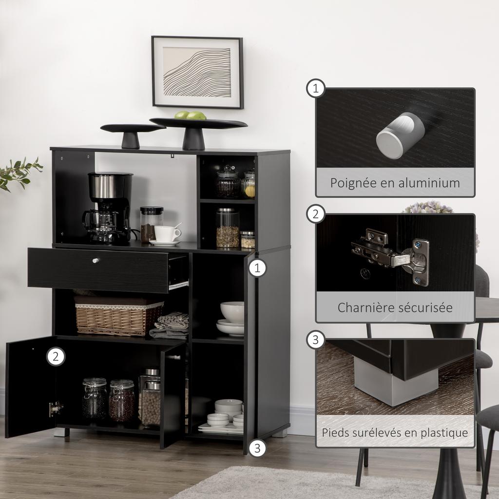 Multilevel Microwave Cabinet With 2 Cupboards 4 Niches Sliding Drawer Dimensions 90L X 40W X 120H Cm In Black Wood
