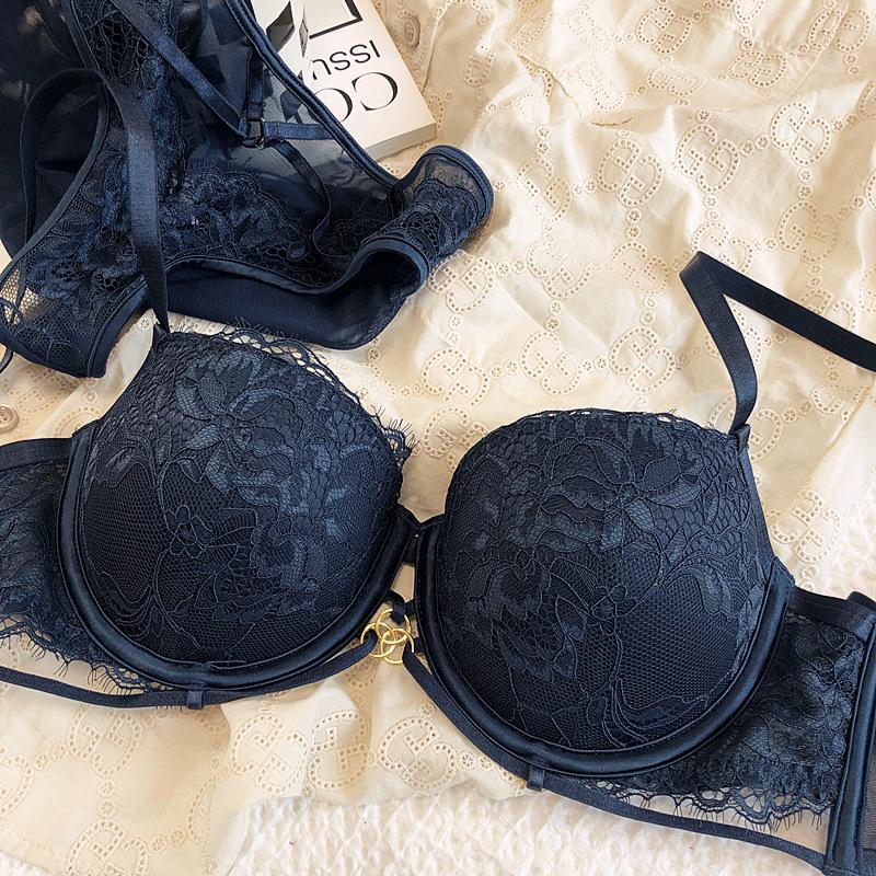 New Women Underwear Sexy Hollow Push Up Bra Set Lace Flowers Embroidery Brassiere and Panties Set Female Black Romantic Lingerie
