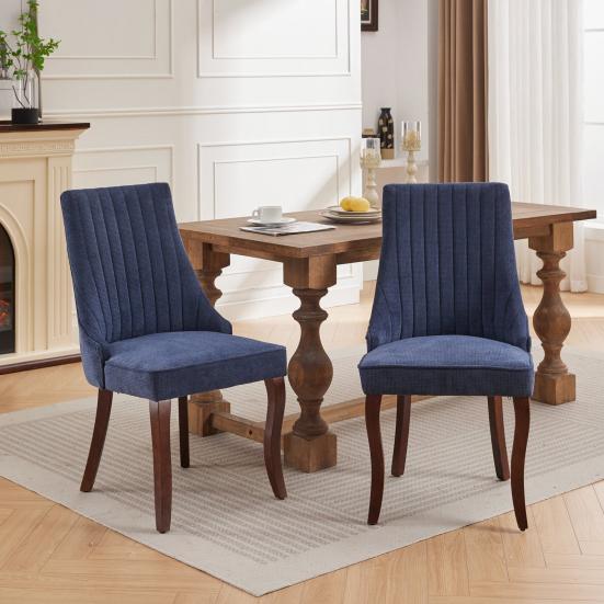 Rayon Cloth Flocking Linen Dining Chairs Channel Kitchen Dinner Chair Comfy Fabric Upholstered Accent Chair for Dining Room with Curved Solid Wood
