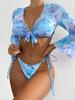 Sexy Blue Tie Dye 3 Piece Bikini Set Women Long Sleeve Front Tie Cover Up Swimsuit 2024 Bathing Suit Tie Side Thong Swimwear