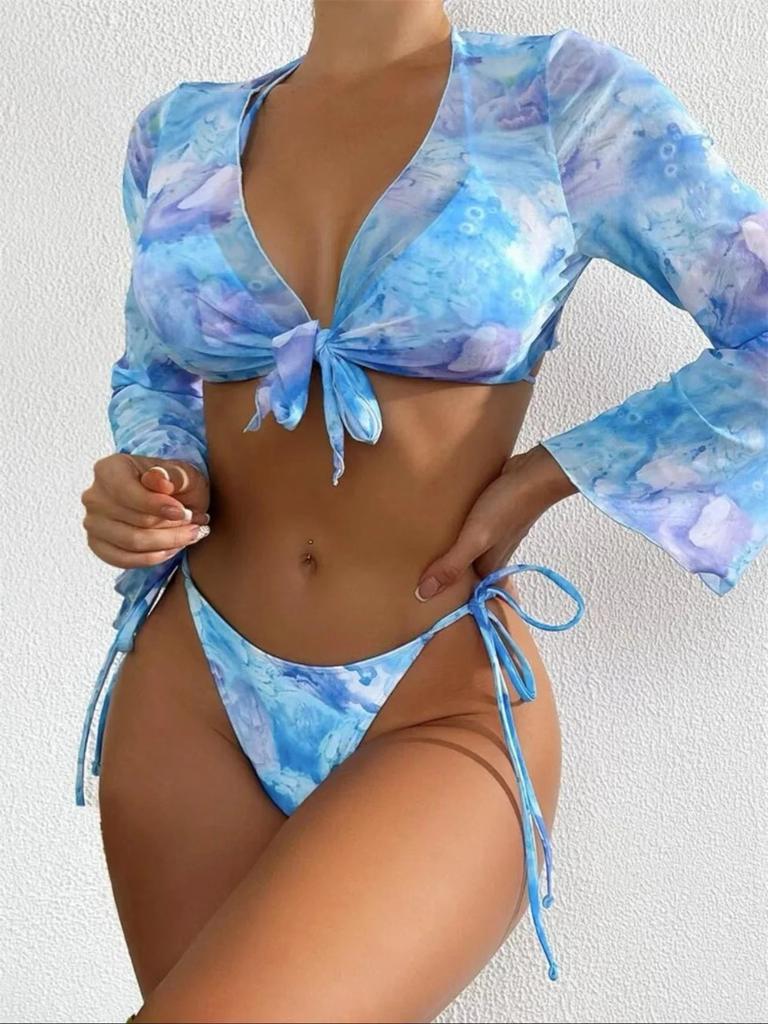 Сексуальный синий Tie Dye комплект из 3 предметов, женский комплект бикини с длинным рукавом и завязками спереди, купальник 2024, купальный костюм с завязками сбоку, стринги, купальник