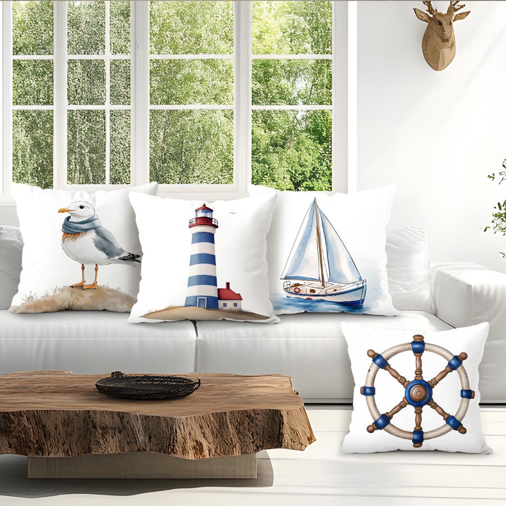 4 Pcs Ocean Single-Sided Printed Pillowcase Cushion Cover,Suitable For Living Room,Bedroom,Car Decoration