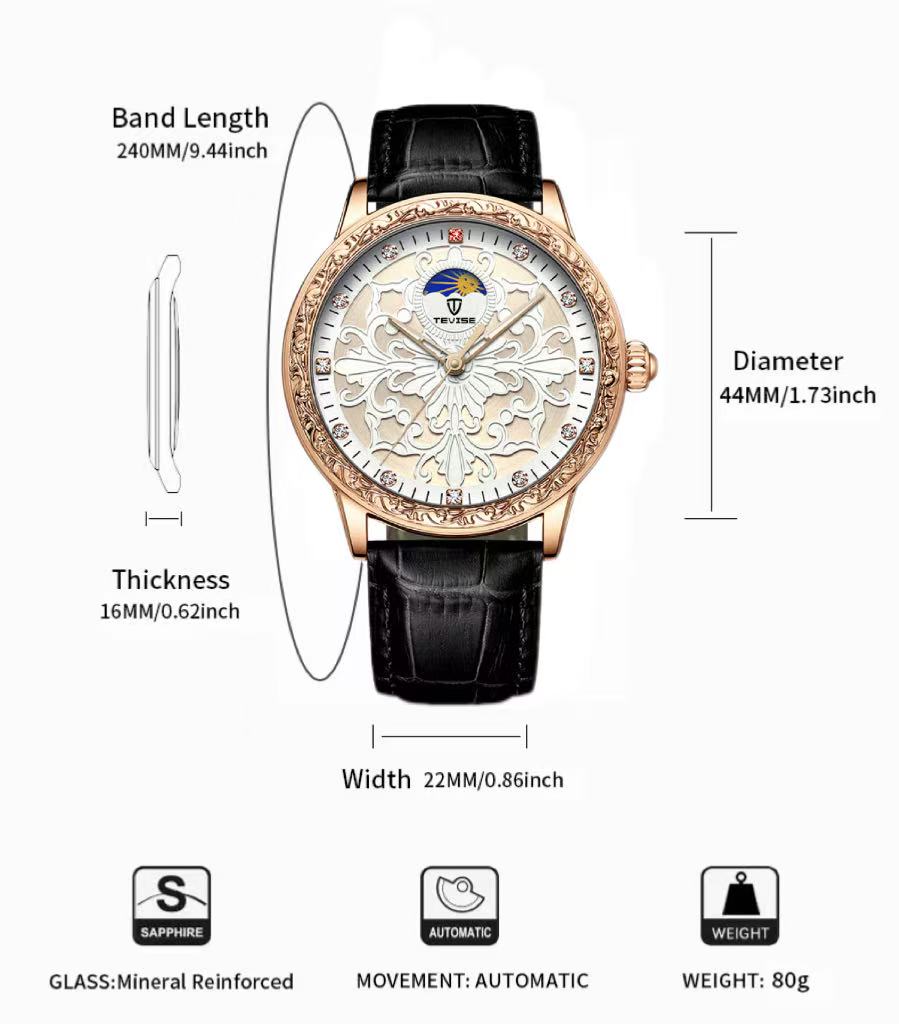 TEVISE Watch for Men Quartz Movement Fashion Business Casual Wristwatch Moon Phase Leather Strap Luxury Gift Watch
