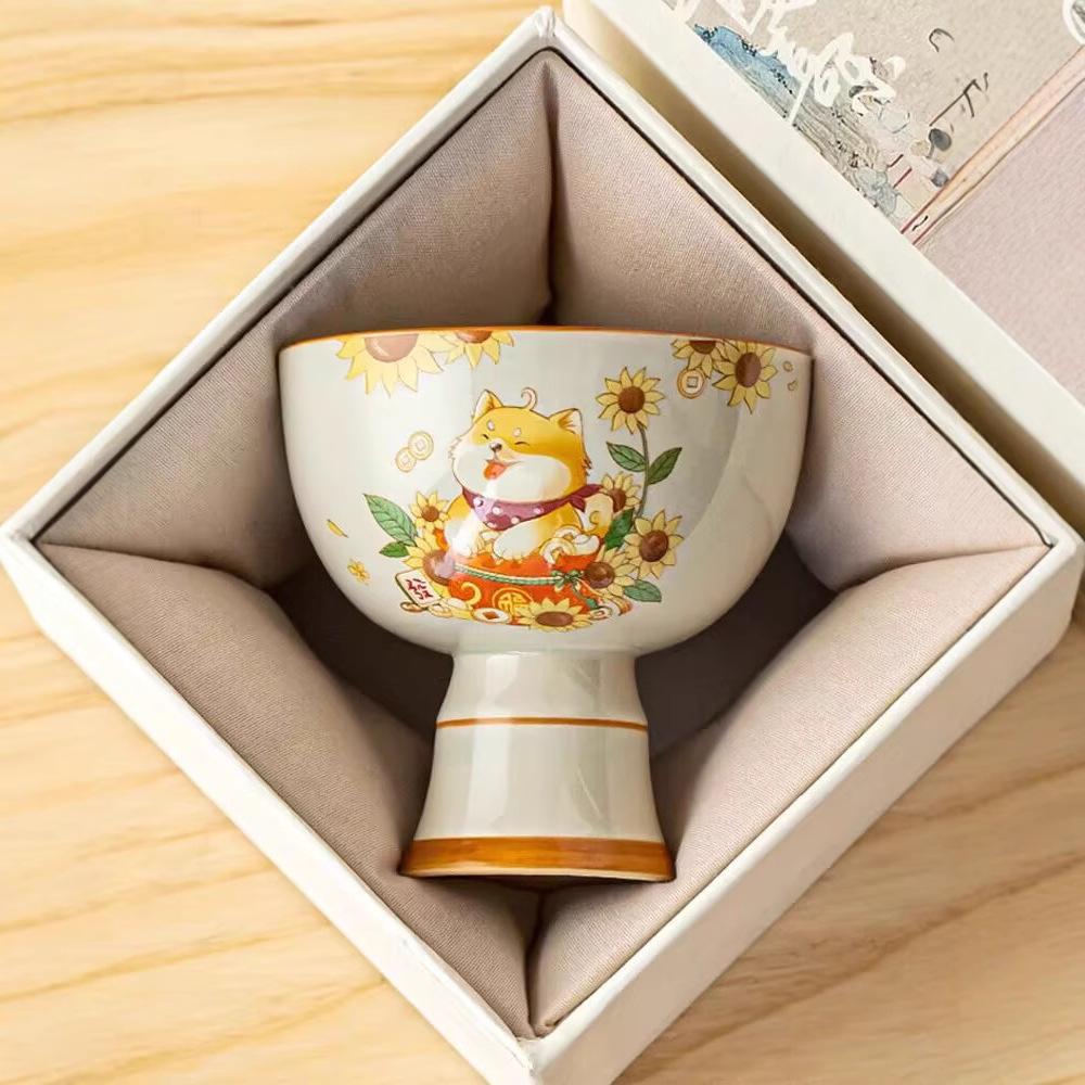 Plant Ash High-Footed Teacup Ceramic Household Cute Rich Dog Girls Hospitality Master Cup Single Cup Tea Kung Fu Tea Set