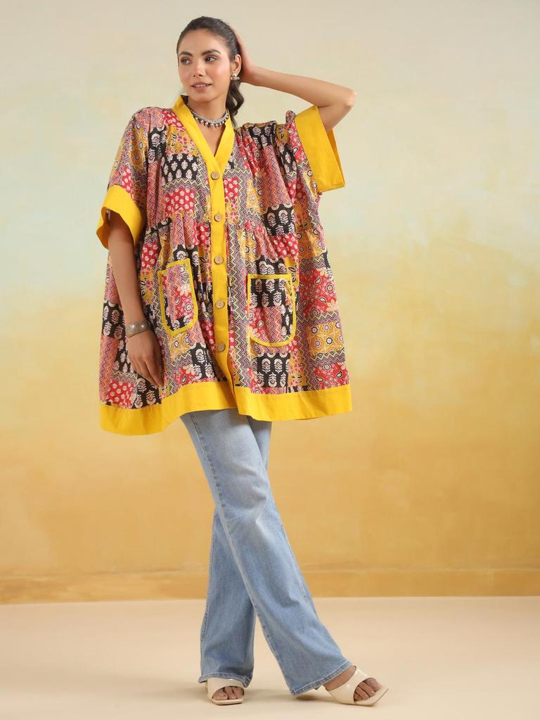 Верхняя туника из хлопка с ручным принтом, кафтан, туника из хлопка с карманами, свободного кроя, туника свободного размера, красно-желтый кафтан, ограниченный тираж