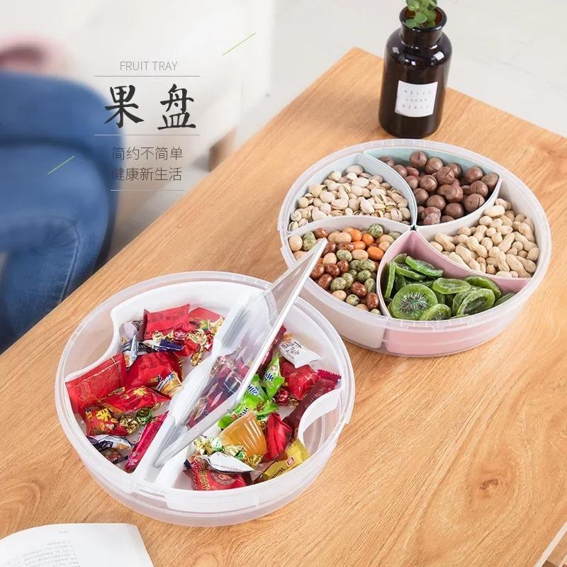 Snack Candy Round Tray Snack Dried Fruit Box with Cover Compartment Detachable 5 Grid Food Storage Box Household Plates WithLid