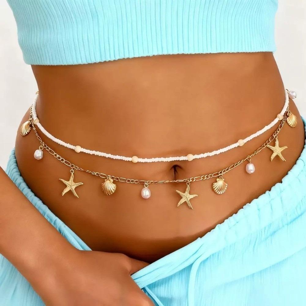 2 Pcs/set Gold Starfish Waist Chain Shell Belly Chains Elegant Beads Body Chain Summer