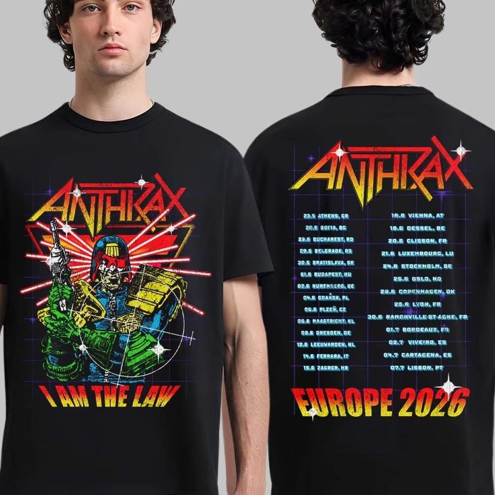 Anthrax Европейский тур 2026 Мерч Я Закон Киберсудья Футболка Унисекс Мужская Женская Повседневная Оверсайз С коротким рукавом Женская Мужская Одежда