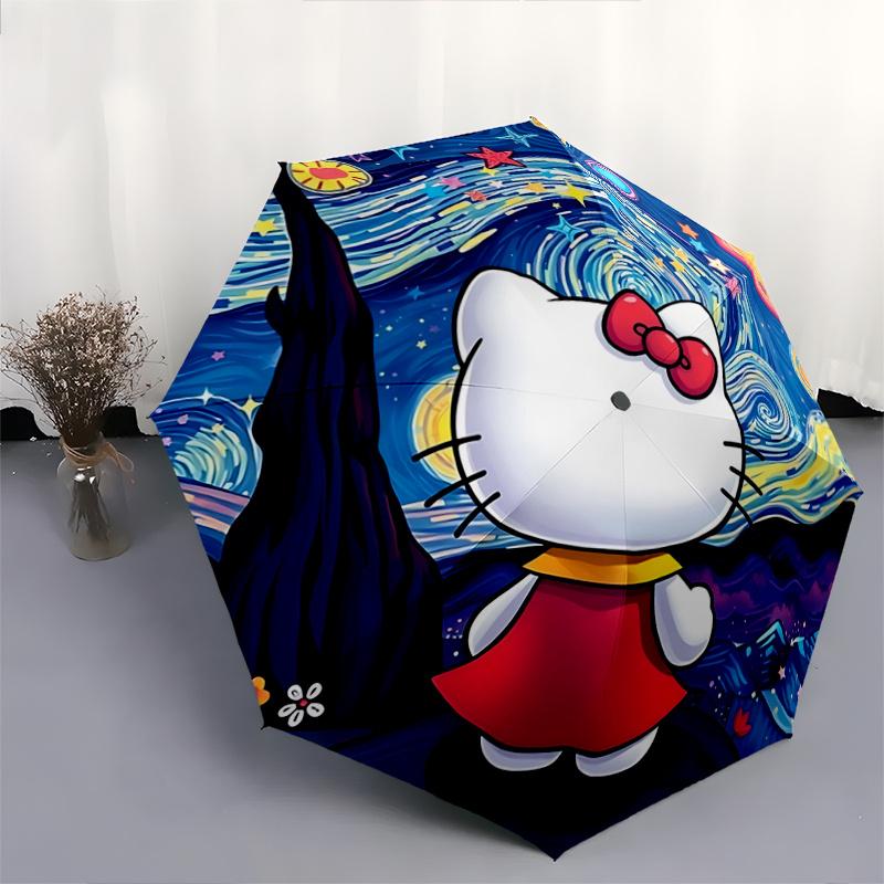 1pc Hello Kitty Starry Night Automatic Opening Folding Umbrella - Portable 3-Fold Design with Iron Frame, Perfect for Outdoor Use, Festive Gifts, Trav