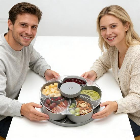 Вращающийся сервировочный поднос с отделениями для закусок, соусов, вечеринок, закусок, вращающийся контейнер для закусок с крышкой, форма цветка, многосекционный органайзер Susan для