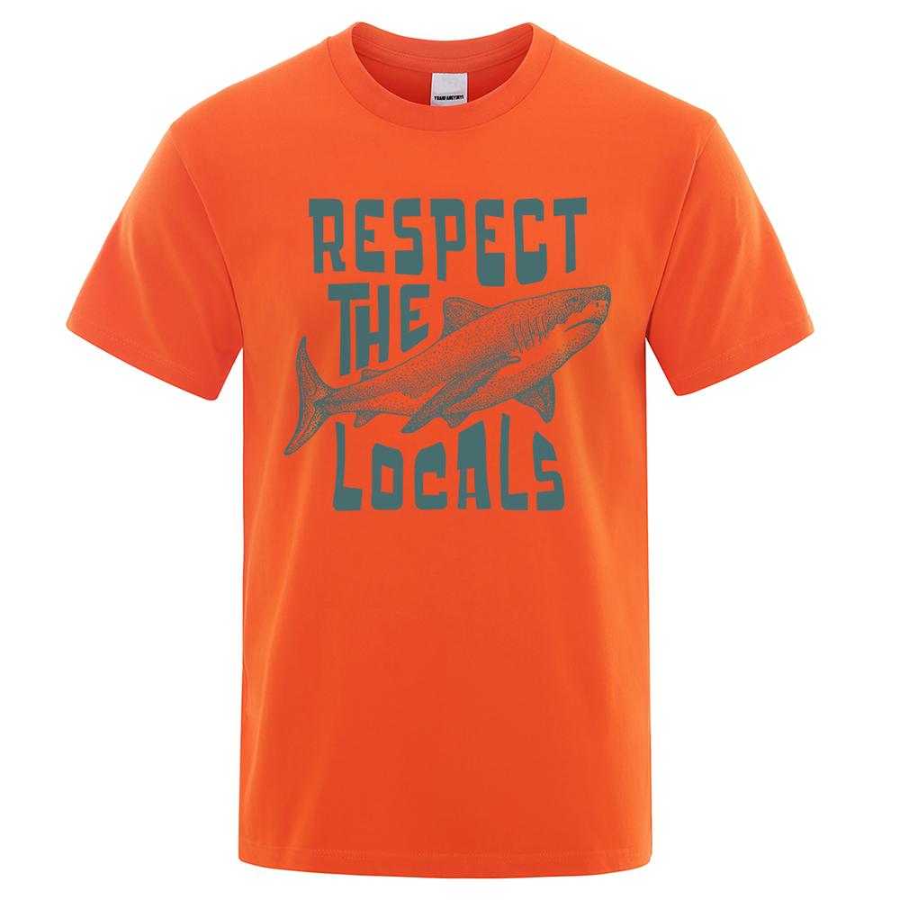 Respect The Locals Shark Personality Print Мужские футболки Хлопок Oversize Рубашка с коротким рукавом Свободные футболки Топы