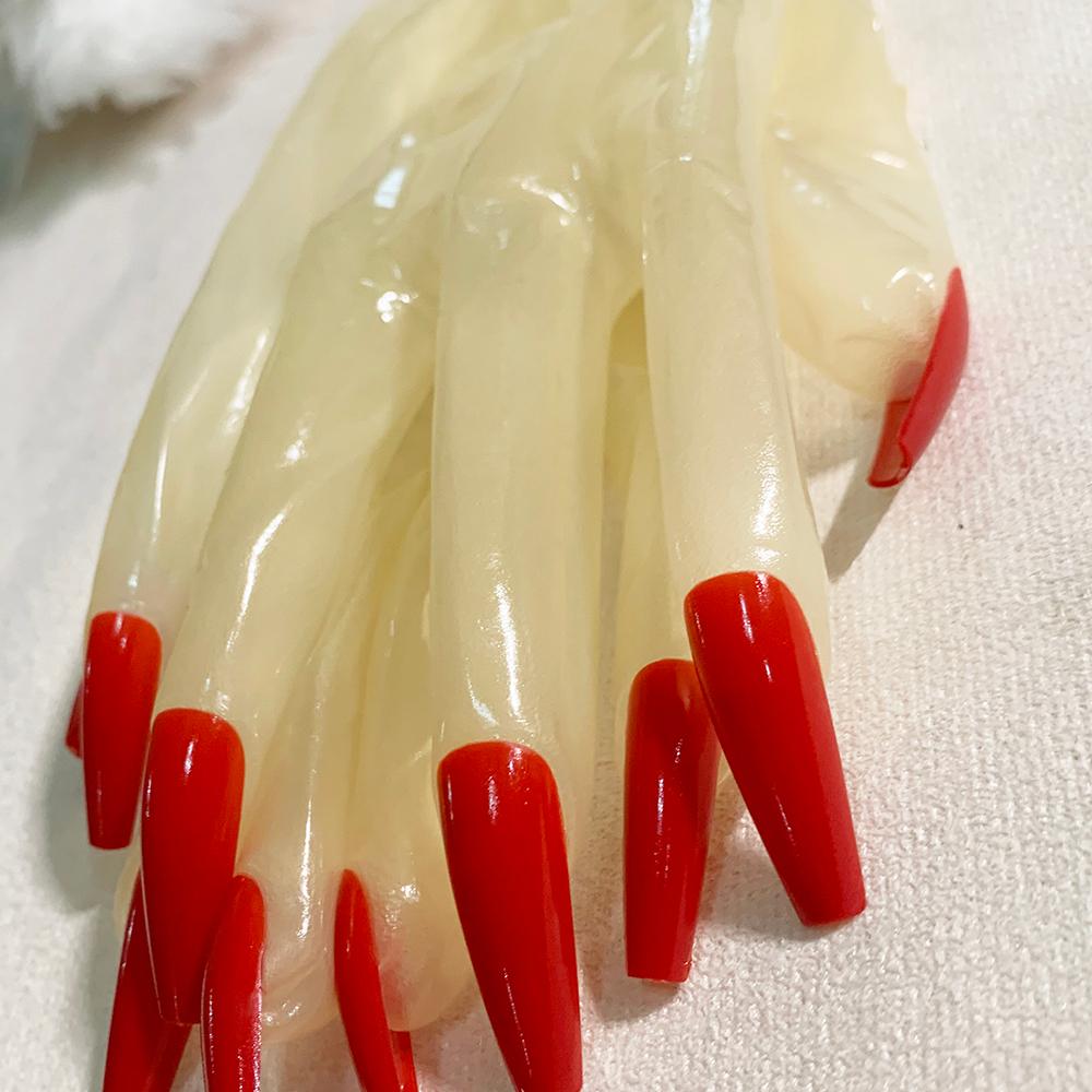 Трансвестит между мужчинами и женщинами, масляные блестящие прозрачные супертонкие латексные длинные красные плоские ногти Zentai, прозрачные перчатки для косплея кигуруми