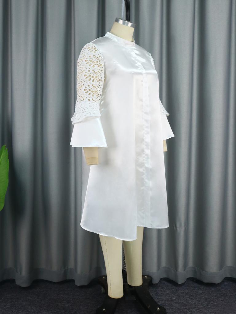 AOMEI Белые повседневные атласные платья для женщин, осенние кружевные лоскутные платья с короткими рукавами, уютные скромные элегантные африканские женские офисные новые платья