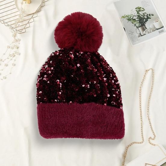 Женская вязаная шапка с плюшевым помпоном, украшенная блестящими пайетками, шапка без полей, зимняя теплая пушистая панама, головной убор