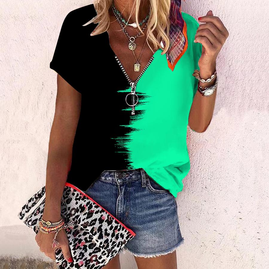 Женский топ, летняя новая мода, повседневный топ с короткими рукавами и застежкой-молнией с монтажом и принтом розы