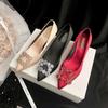 Same Style, Wedding Season~ Satin Light Mouth Square Buckle Flower Diamond Thin High Heel Pointed Single Shoes Women's Red Wedding Shoes