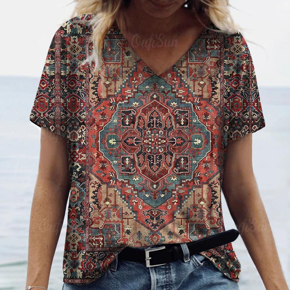 New Women T-shirt Ethnic Pattern Print Oversized Women's Trending Clothing Fashion Short Sleeve Shirt Women V-Neck Blouse 2024
