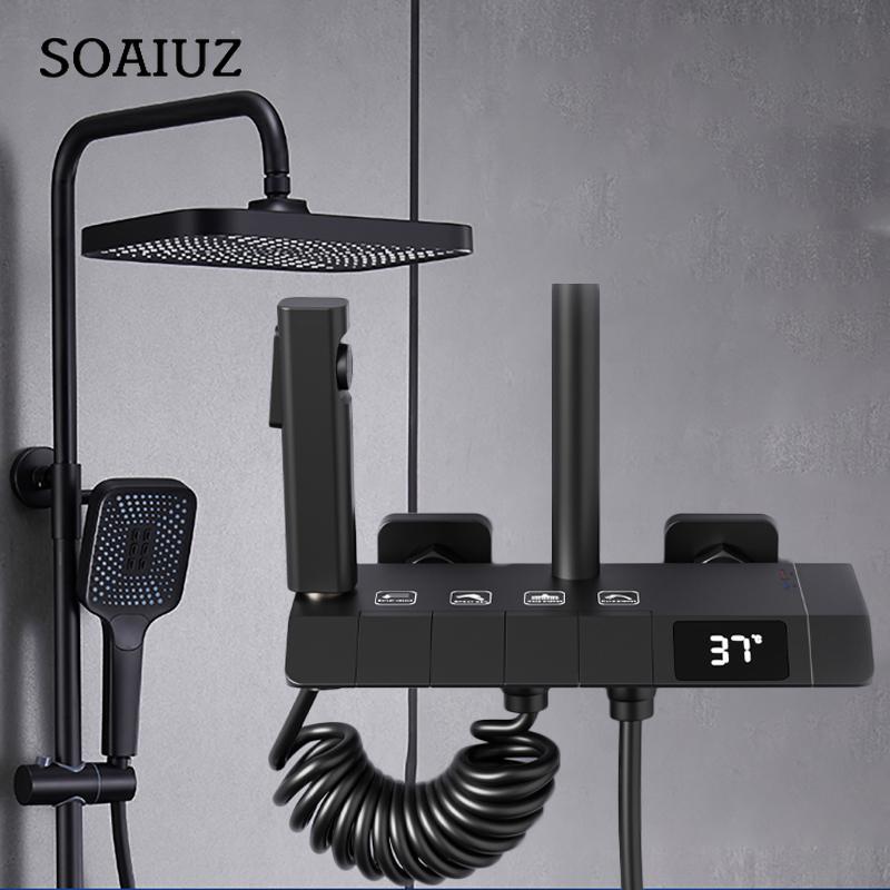 Черный цифровой смеситель для душа светодиодная душевая система настенное крепление для ванной комнаты кран с дождевой водой современные смесители