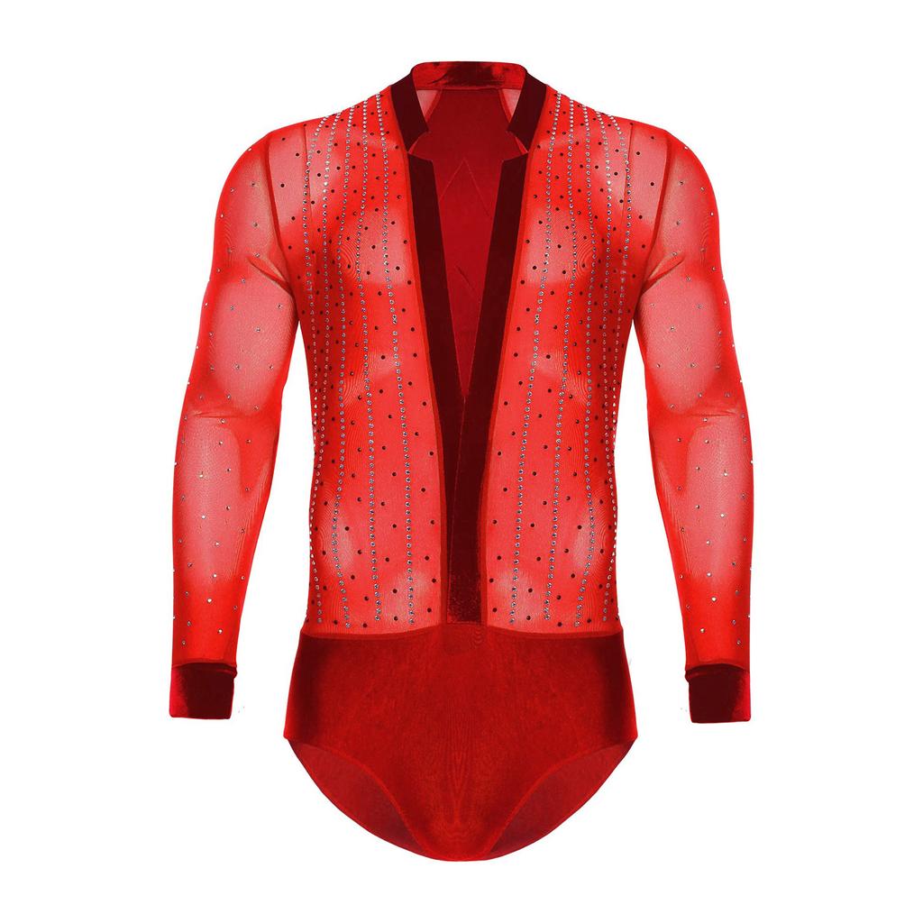 Men Latin Dance Leotard Mesh Long Sleeve Deep V Neck Velvet Shiny Rhinestones Bodysuit