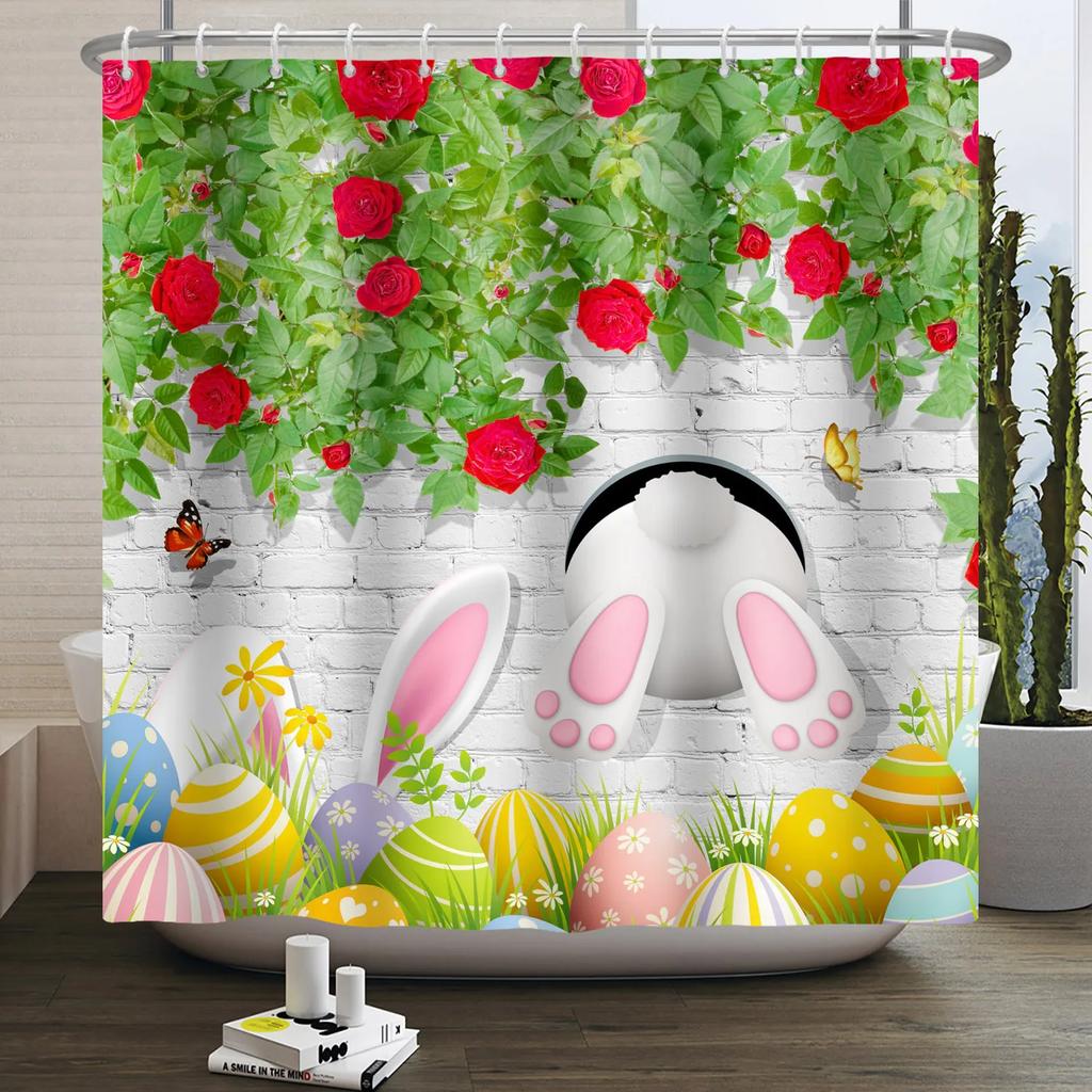 Весенняя Пасхальная Занавеска для душа Счастливый Кролик Кролик Яйца Цветочный Сад Цветочный Праздничный Водонепроницаемая Занавеска для душа для ванной комнаты с крючками