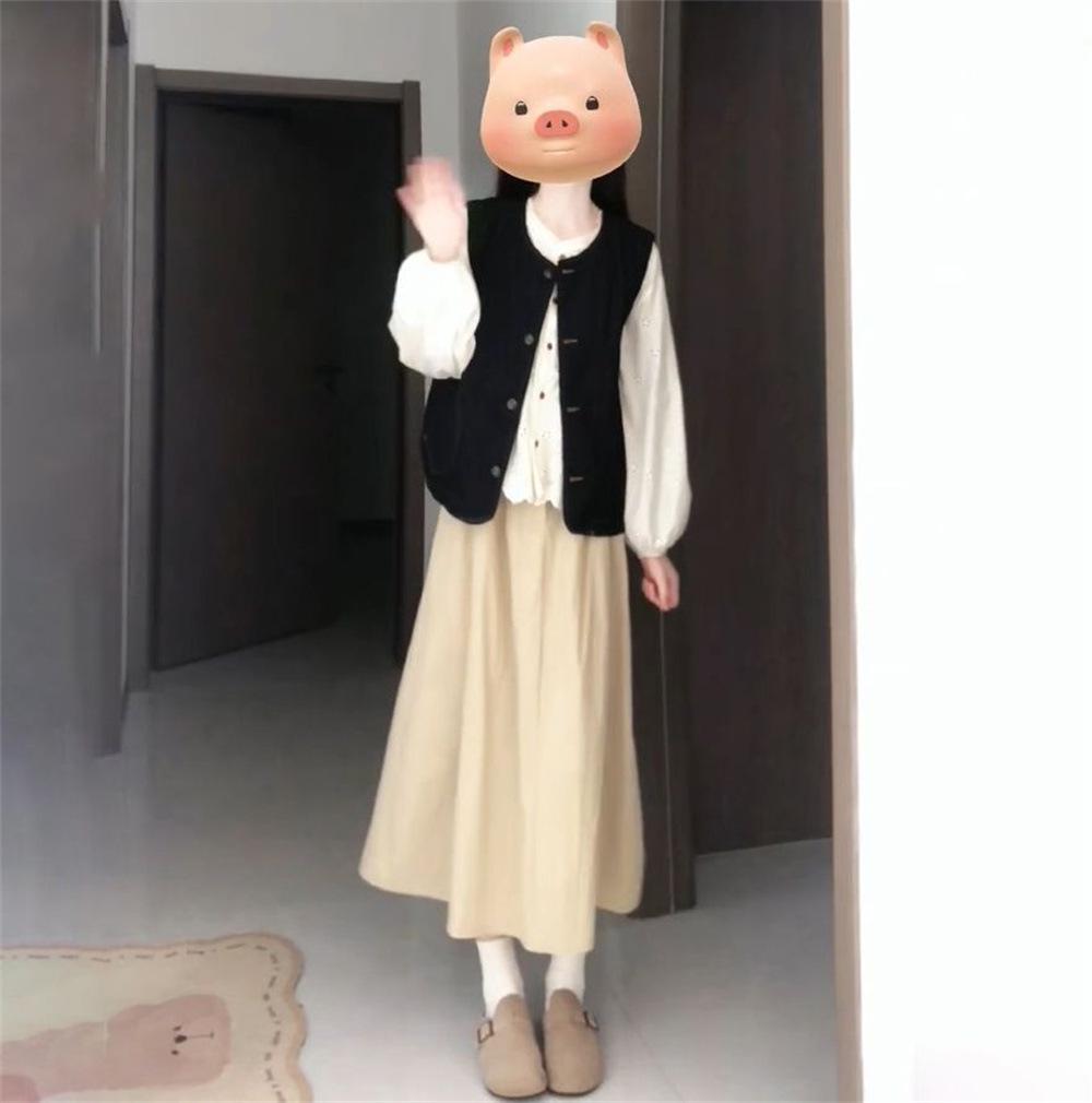 Женский осенний французский милый короткий джинсовый кардиган-жилет с полуюбкой и комплектом белой рубашки с длинным рукавом