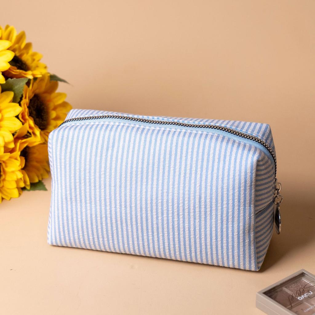 Striped Embroidered Travel Cosmetic Bag Portable Toiletry Organizer for Women Makeup Storage Pouch