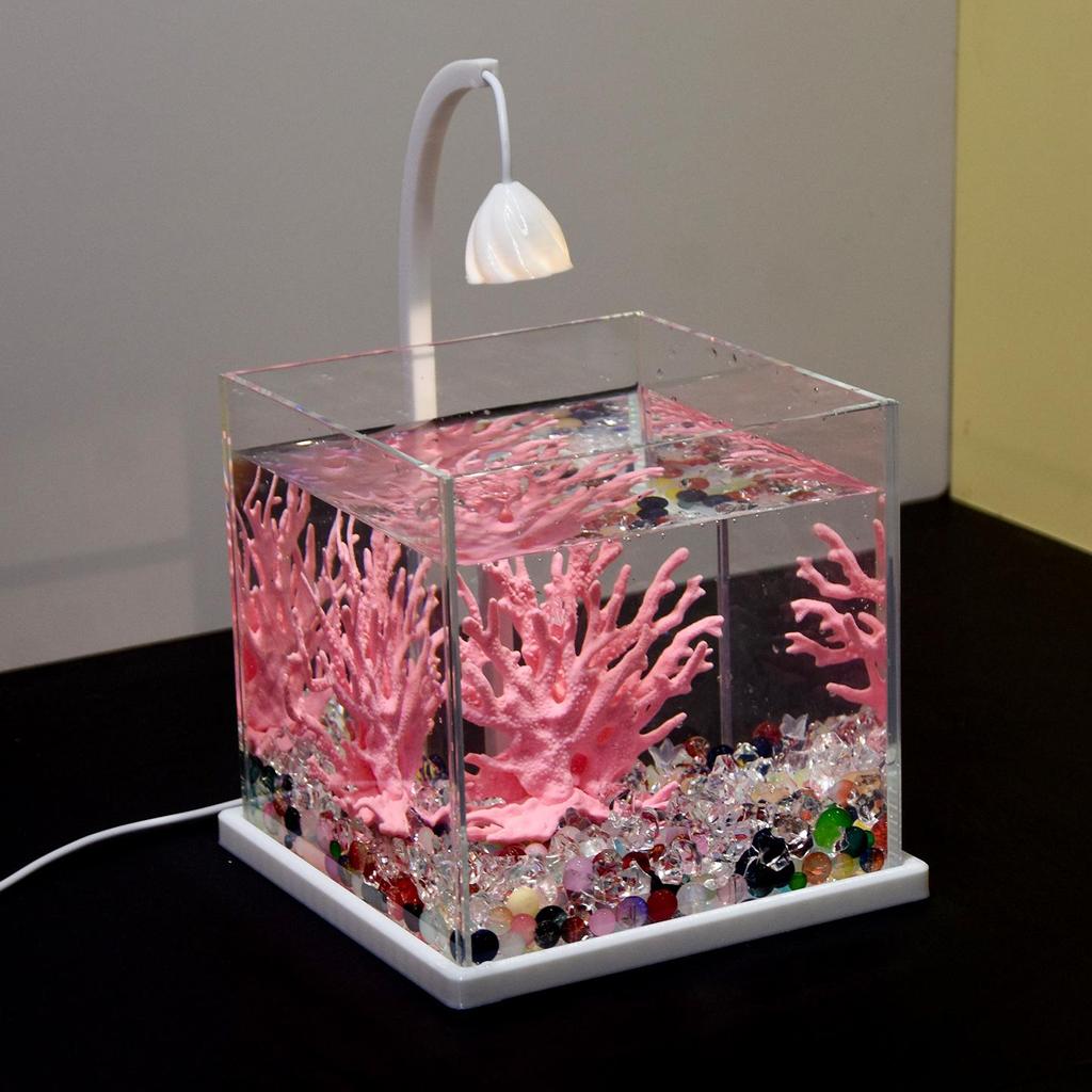 Mini Ultra-White Glass Fish Tank with Rose Light - Transparent Betta Tropical Fish Eco-Tank