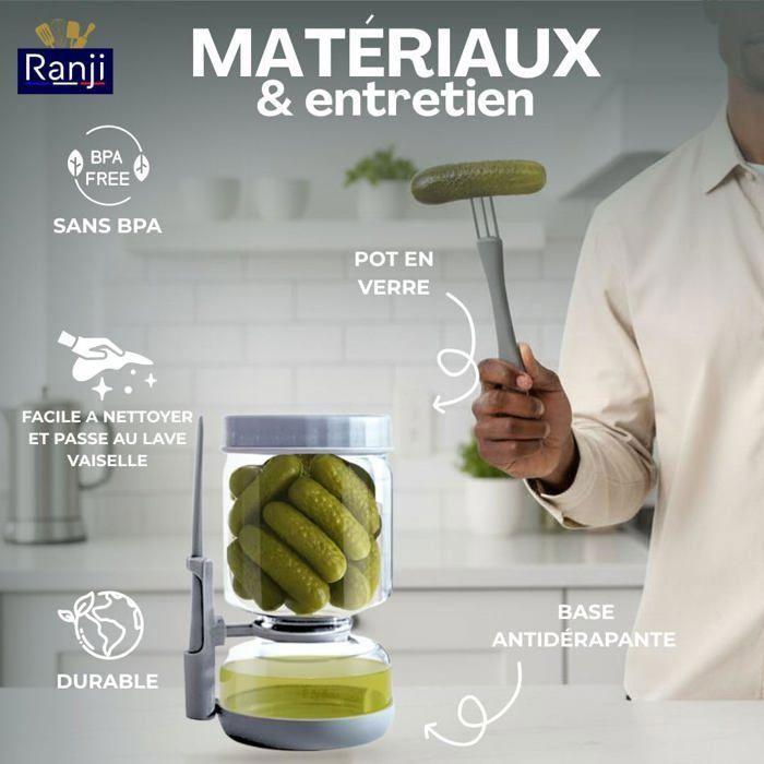 RANJI - Pot à Cornichon Retournable avec Pique Inclus – Bocal Sablier en Verre Hermétique Sans BPA (900 ml)