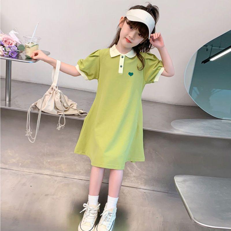 Girls Summer Heart Print Polo Dress Korean T Shirt Dress for Kids