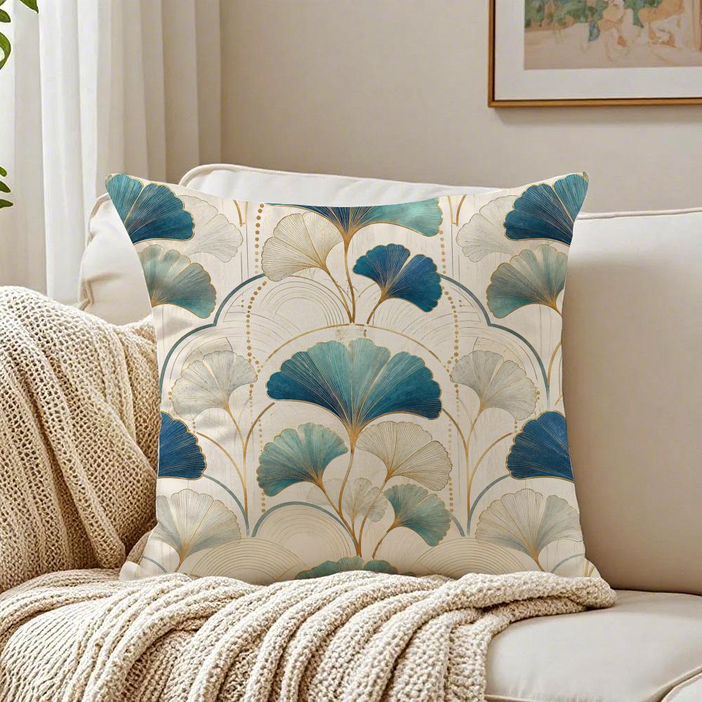 LuxuryStyle Blue Gold Ginkgo Leaves Pillow Case Organic Short Plush Cushion Covers Breathable Washable WrinkleResistant
