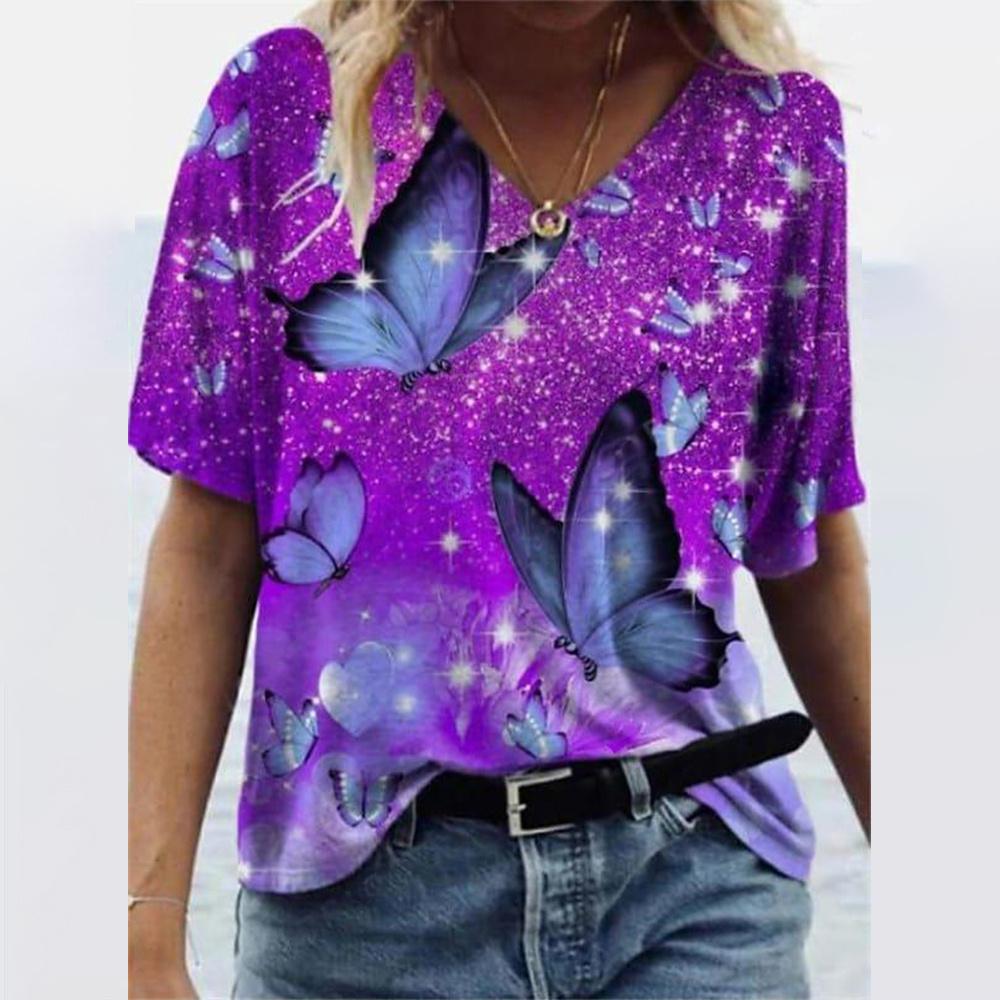 Женская футболка Летняя Градиентная Графическая Блузка V-образный вырез Модная Женская Ретро Одежда Цветочный Принт Свободная