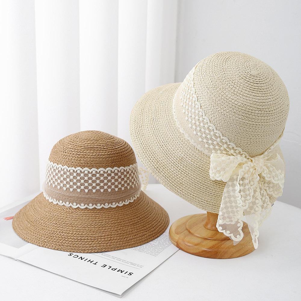 New big lace summer straw hat big eaves women's hat pot hat beach hat sunshade sun protection versatile bow hat