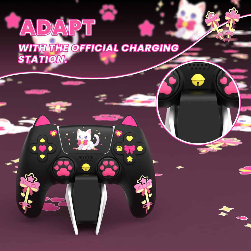 Силиконовый защитный чехол для джойстика PlayVital Sweetheart Kitty PS5, колпачок и наклейка на ручку также совместимы с официальной зарядной док-станцией черного цвета