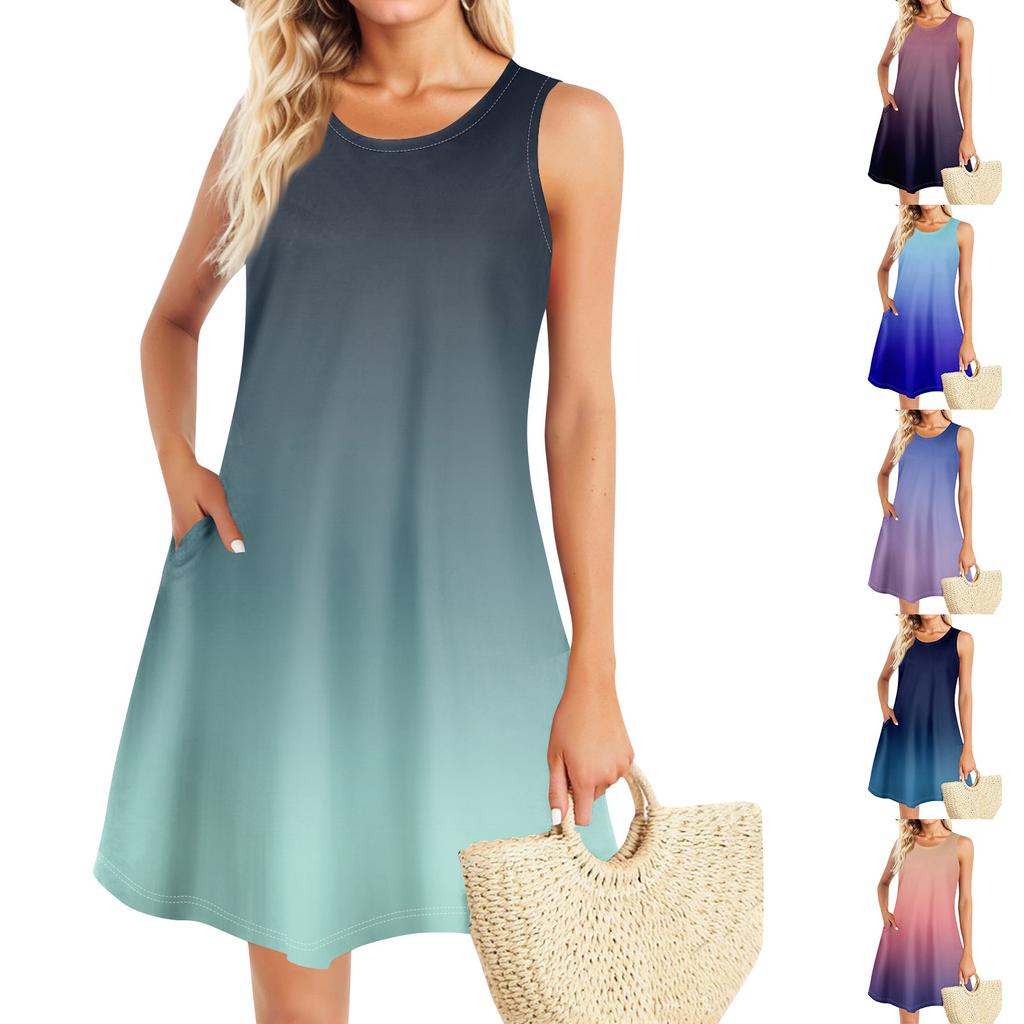 Summer Dresses For Women Beach Boho Sleeveless Vintage Printing Flowy Pocket Tshirt Tank Sundresses