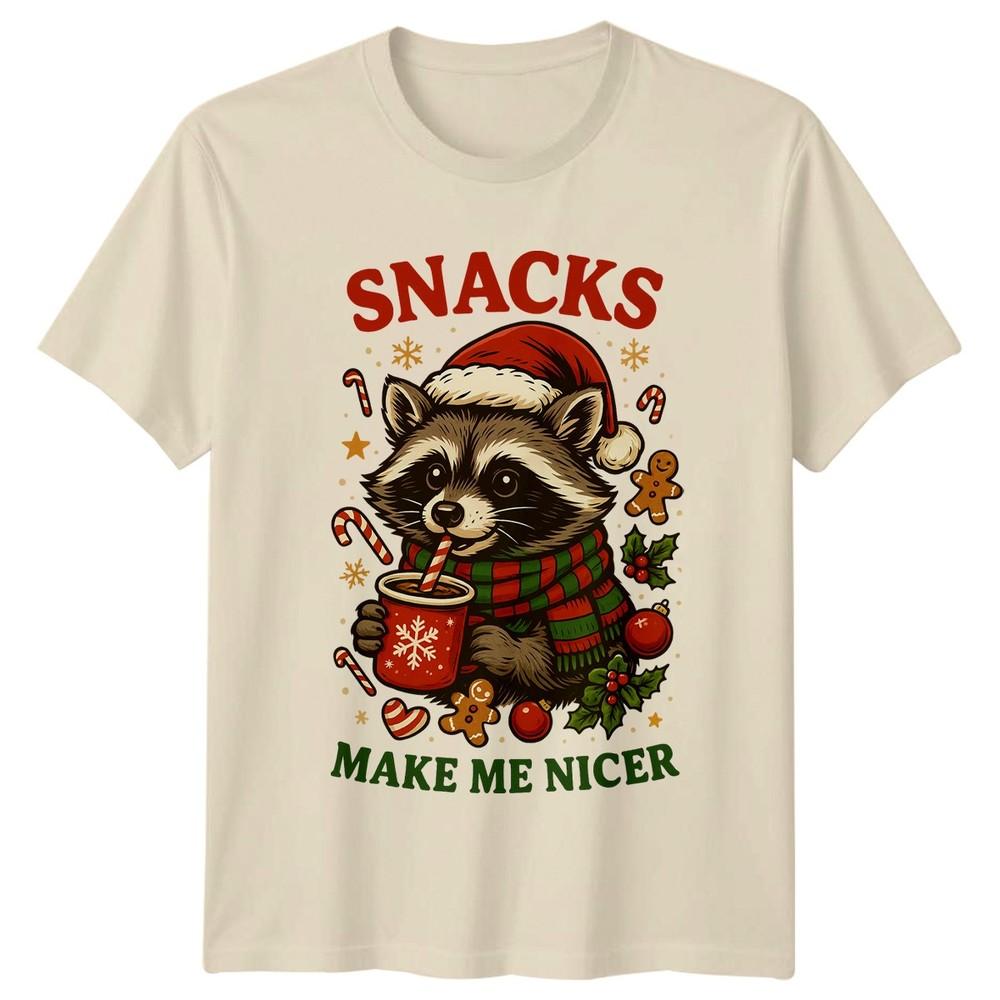 Snacks Make Me Nicer Raccoon Christmas Holiday Unisexs Unisexs Graphic Tee