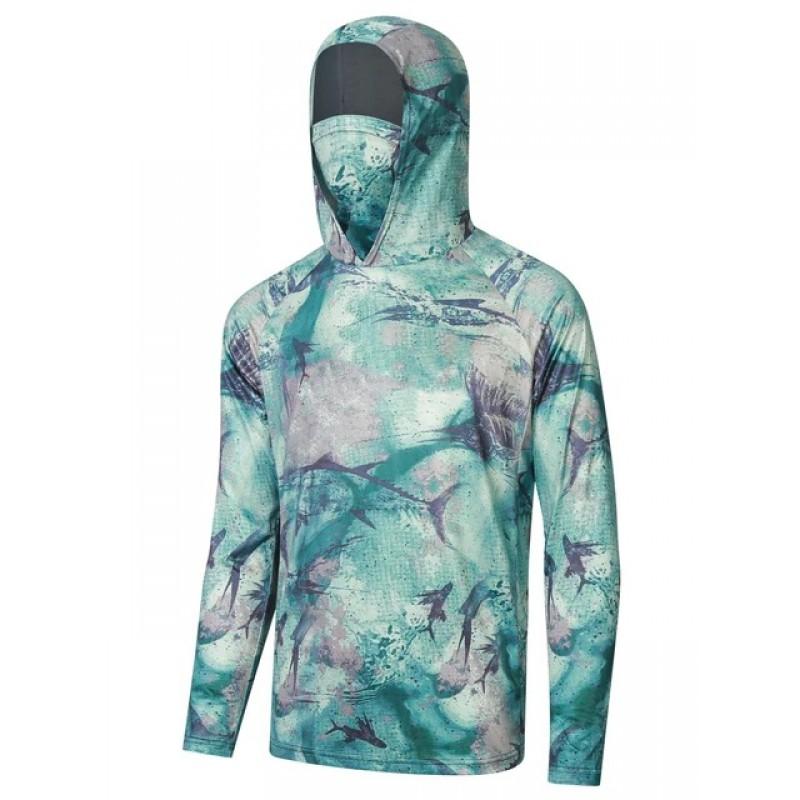 Mens UPF 50 Long Sleeve Fishing Shirt With Hood Face Cover Quick Dry Breathable Sun Protection Outdoor Angling
