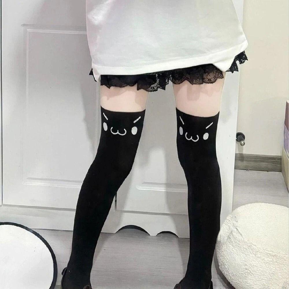 Cat Ear Knee High Socks Cute Expression Thigh High Stockings Women Long Socks Coser