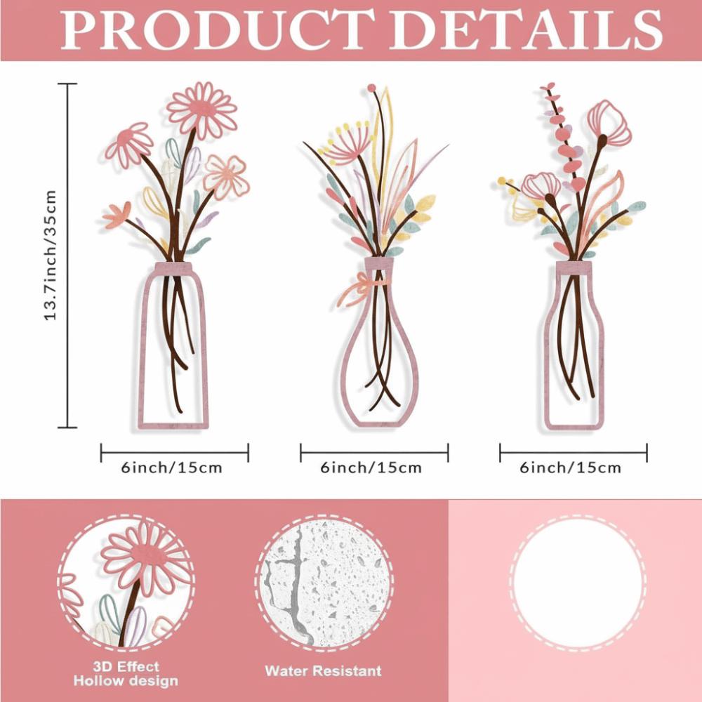 3 Pieces Set Metal Material Metal Flowers Wall Art 3D Boho Farmhouse Floral Decor Vase Design 3D Flower Vase Living Room