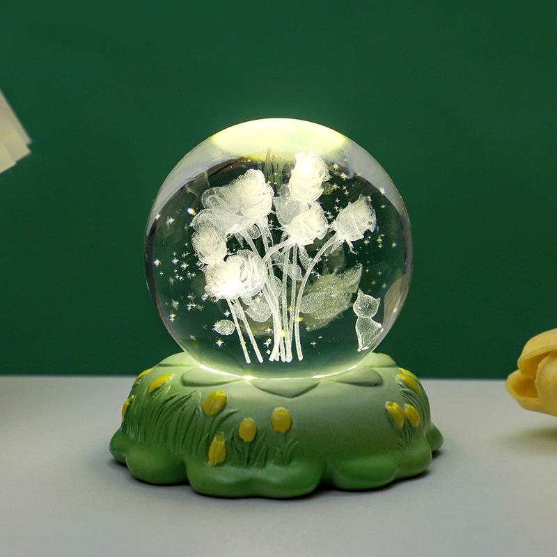 3D Ночник Хрустальный Шар Тюльпан - Светящееся Украшение для Спальни и Подарок на День Рождения для Девочек