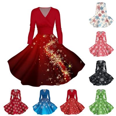 Женское повседневное и модное печатное сексуальное платье с длинными рукавами и V-образным вырезом, сексуальное рождественское платье