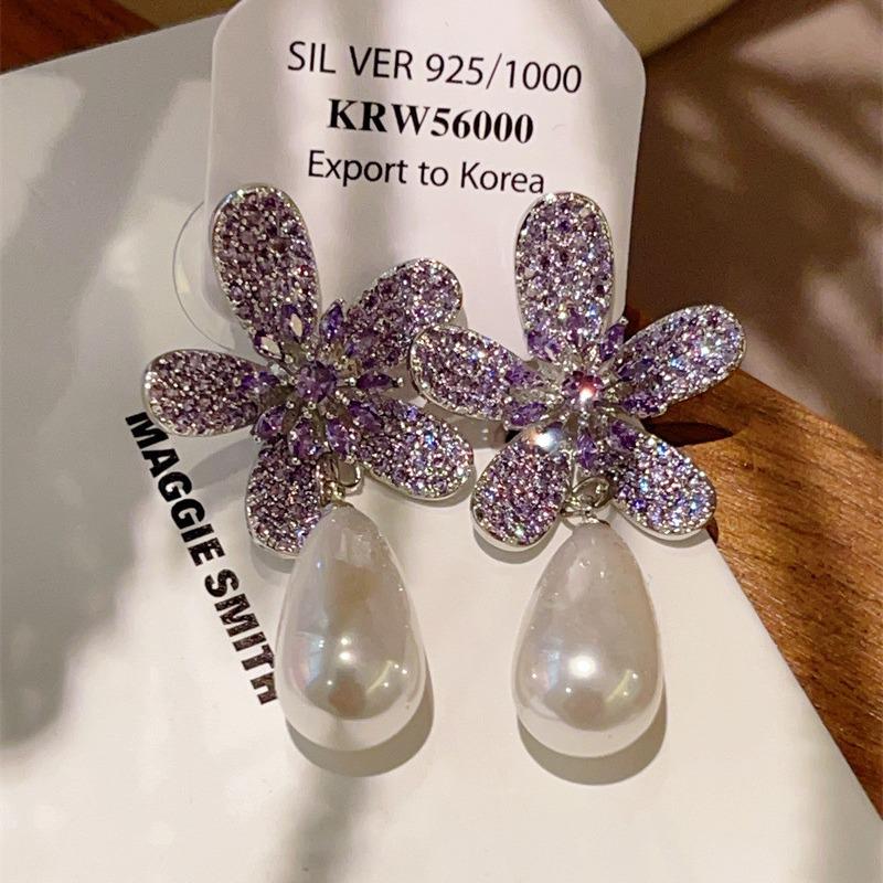 Серьги-лилии из серебряных игл S925: Роскошный жемчуг и сверкающие бриллианты для женщин.