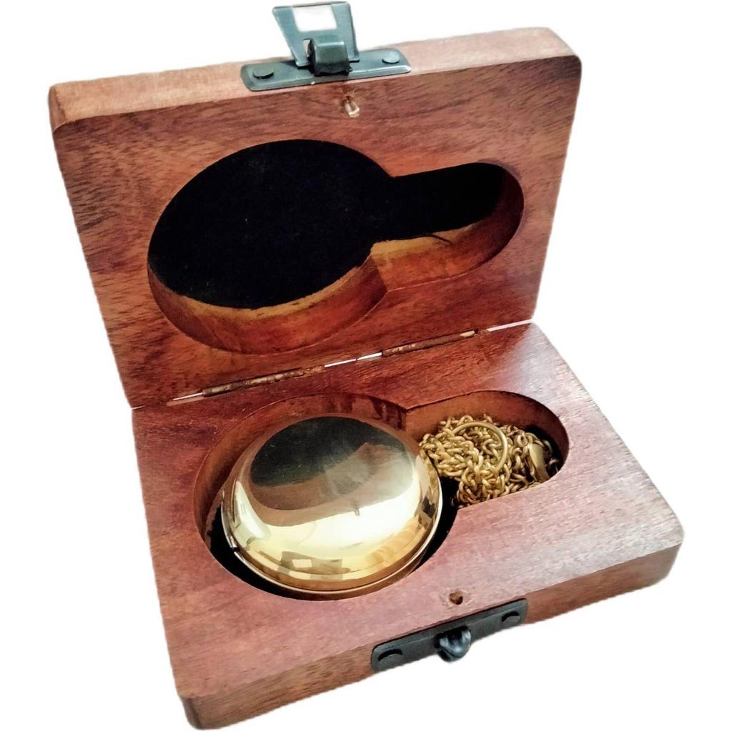 India Brass Push Button Lid Compass Chain with Gift Wood Box Compass (Gold