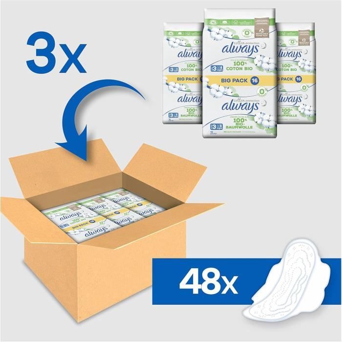 Serviettes hygiéniques - always - cotton protection ultra night - taille 3 - 48 serviettes - ailettes