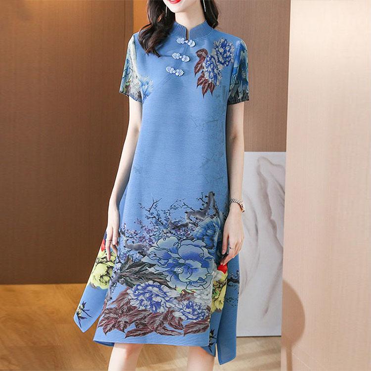 Плиссированное платье в китайском стиле с короткими рукавами и принтом, женское новое летнее летнее платье с воротником-стойкой и пряжкой, женская возрастная юбка