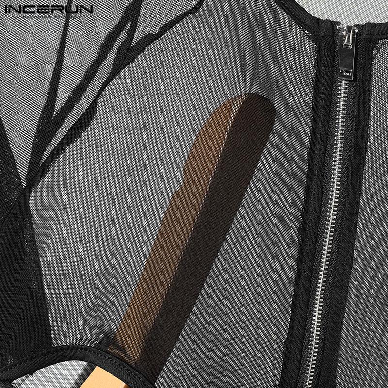 INCERUN Мужские сетчатые комбинезоны с застежкой-молнией и длинным рукавом в стиле пэчворк, прозрачные, короткие, комбинезоны, боди
