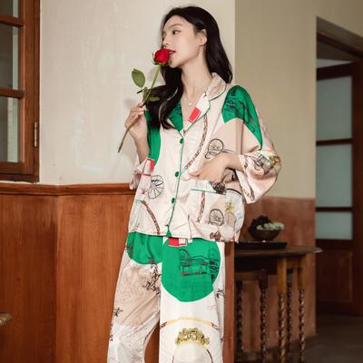 Весенне-осенняя женская пижама Ice Silk Thin Пижамный комплект с длинным рукавом Женская домашняя одежда Комплект