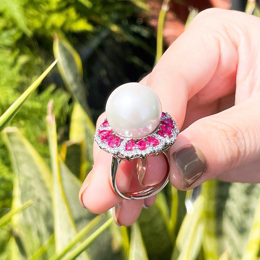 Ювелирные изделия CMM Красивый шикарный красный цирконий цветок круглый массивный большой регулируемый искусственный жемчуг кольцо для женщин праздничная одежда ювелирные изделия